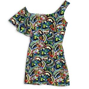 Saloni Mini Dress‎ Size 2 One Shoulder Multicolor Abstract Ruffle Graphic Print